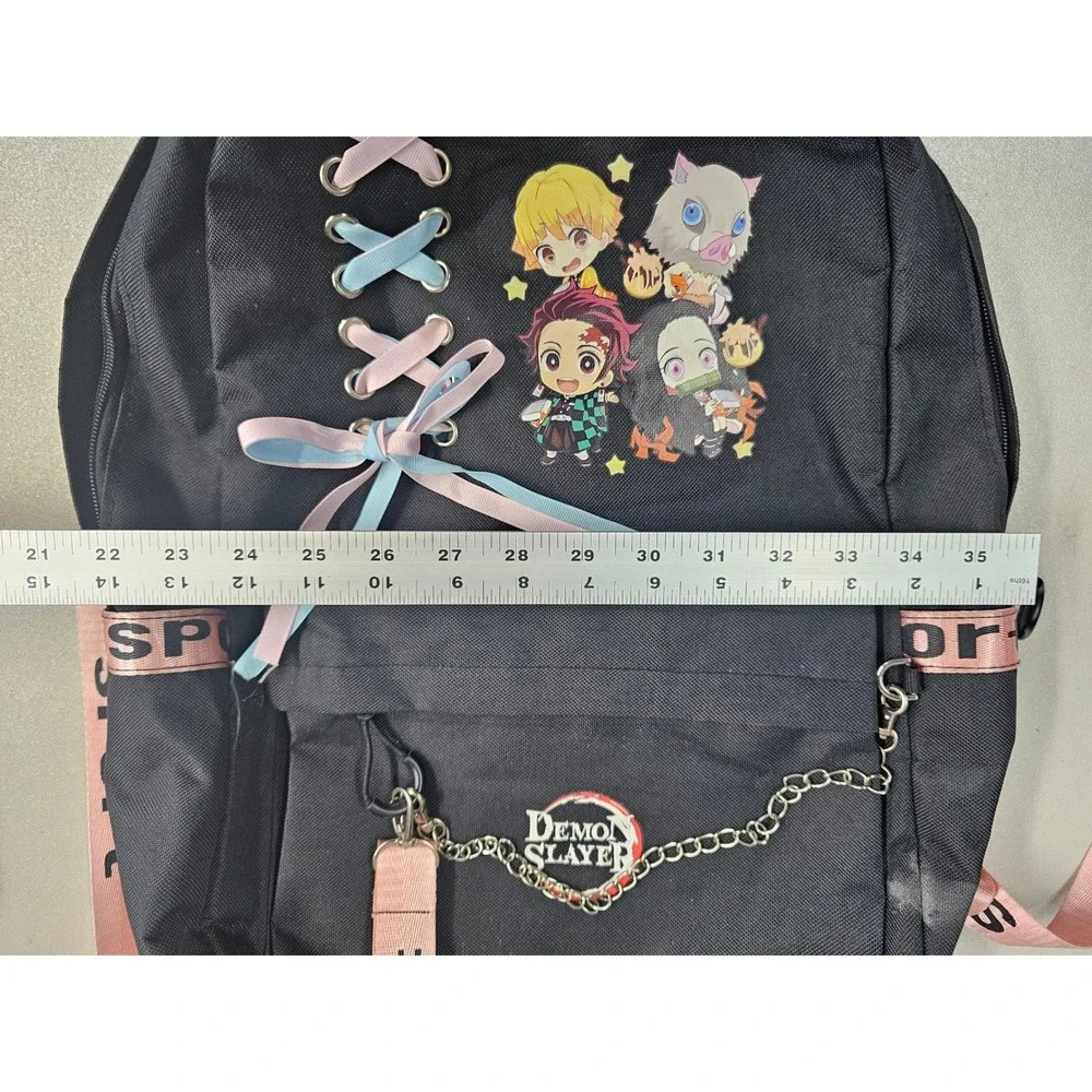 Demon Slayer Anime Backpack Black Pink Lace Up USB Port Tanjiro Nezuko Chibi